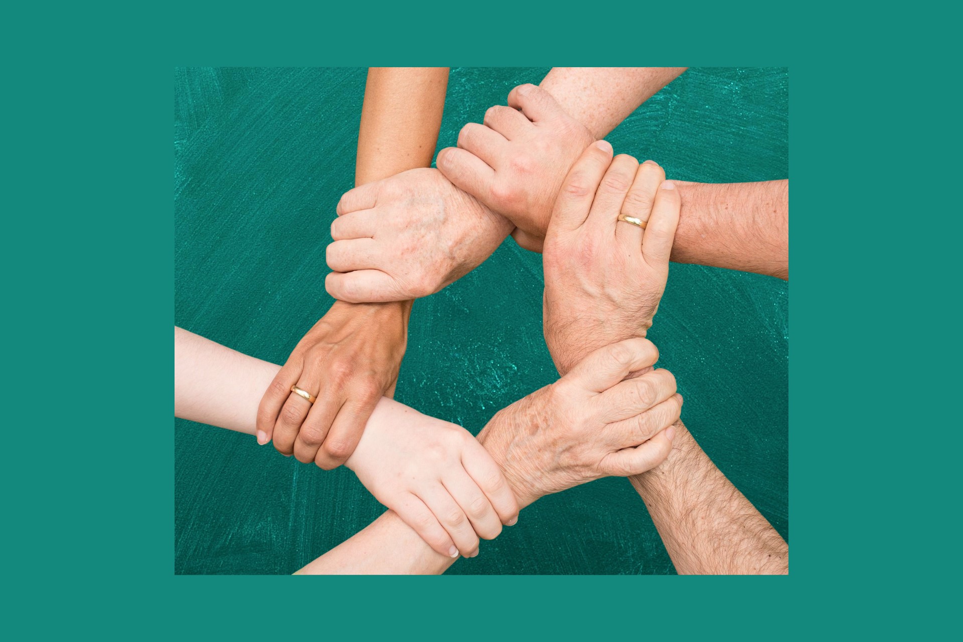 Fünf Hände, die sich am Handgelenk halten und einen Kreis bilden. Symbol für Harmonie im Team. Christine Kiunke Coaching für "leise" Leiterinnen